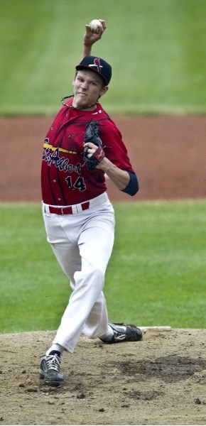 PACKING HEAT &#8211; Jackson Wark fires a pitch for the St. Albert Cardinals against Spruce Grove White Sox 1 in Wednesday&#8217;s 4-2 loss in the Norwest Midget AAA Baseball 
