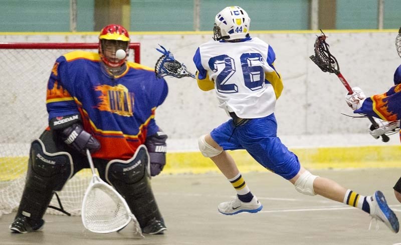 GOING FOR GOAL &#8211; Connor Nelson of the St. Albert Rams bantam 1 team fires a shot at the Lakeland Heat netminder at the Jeremy Richardson Memorial Baggataway Tournament