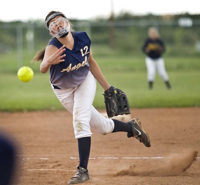 FLAME THROWER &#8211; St. Albert Angels pitcher Brooke Budskin fires a pitch against the Jarvie Jaguars in Saturday&#8217;s U16 game at Henry Singer Park in Edmonton during
