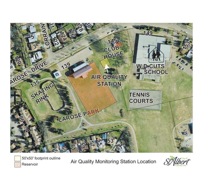 DISPUTED GROUND – This map shows the proposed location of an air quality monitoring station (the yellow square) in Larose Park. (The red square is the underground Lacombe