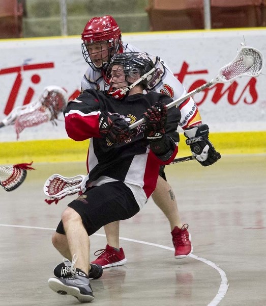 RIPPING IT &#8211; Steve Tessarola attempts a shot for the St. Albert Miners against the Rockyview Knights in Saturday&#8217;s senior B match in the Rocky Mountain Lacrosse