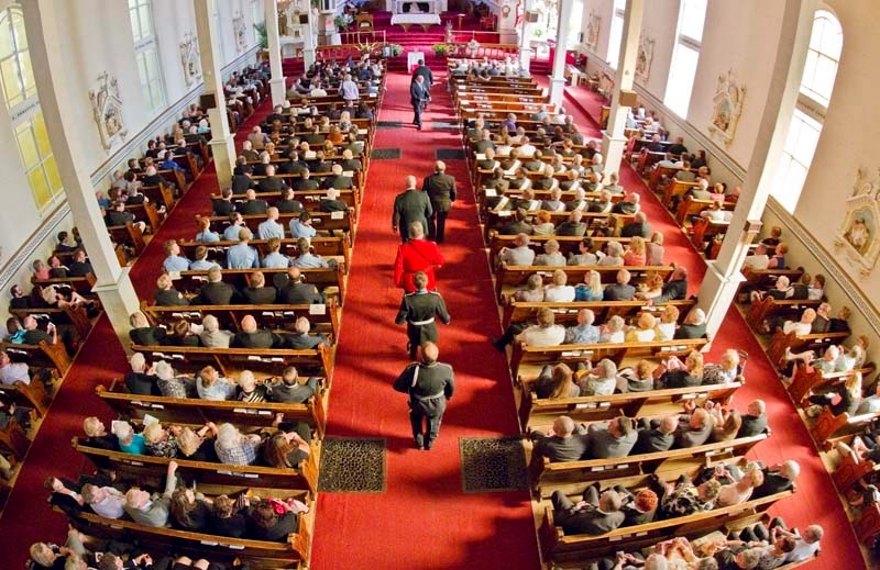 REMEMBERING PAUL – It was a full-house at the St. Jean-Baptiste Church in Morinville on Friday morning as mourners gathered to pay their last respects to Mayor Paul Krauskopf