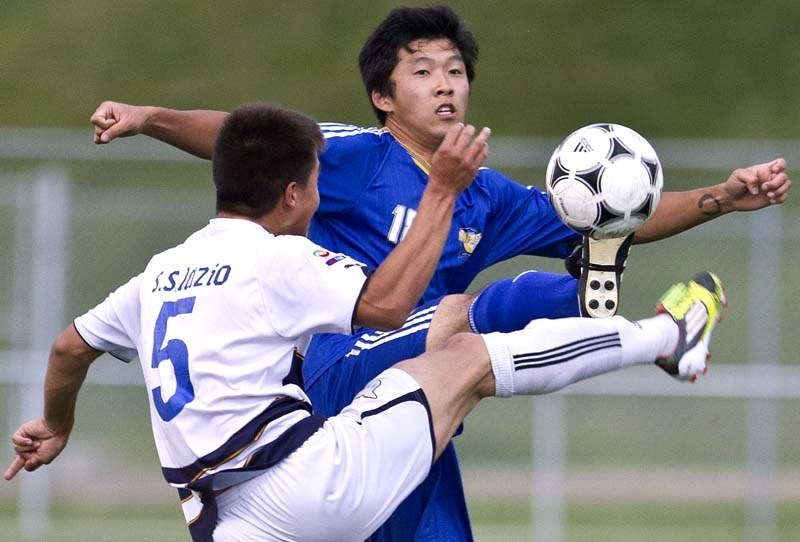 TOP SHOT – St. Albert Impact played S.S. Lazio Thursday evening at Riel Recreation Park. St. Albert&#8217;s Takeyuki Hakii