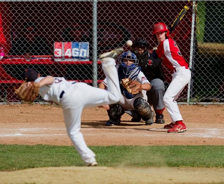HERE&#8217;S THE PITCH &#8211; Michael Brisson of the peewee AAA St. Albert Cardinals is up to bat against the Fort McMurray Oil Giants on Sunday morning at Legion Memorial