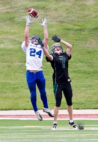 BALL HAWK &#8211; Erik Kyler of the St. Albert Stars makes a leaping attempt to pick off a pass in the first half against the Lloydminster Vandals in Saturday&#8217;s playoff 