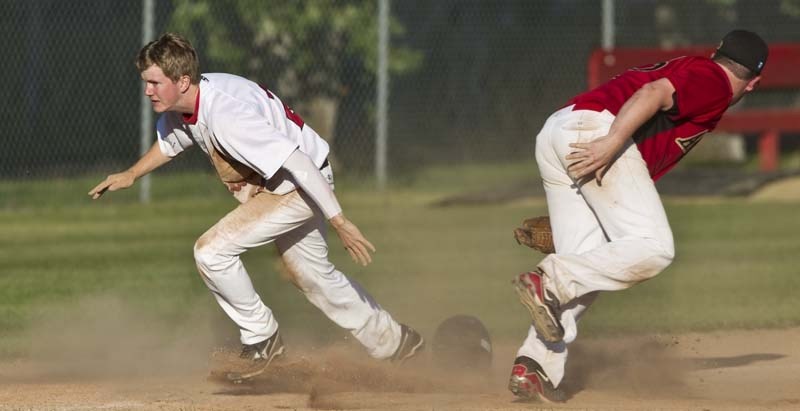HEADING HOME &#8211; Matt Woodland of the St. Albert Junior Cardinals rounds third base to score a run off a throwing error by the Edmonton Athletics on Wednesday at Legion