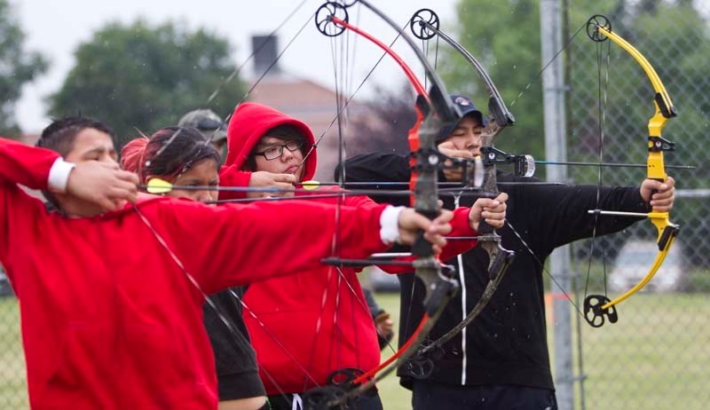 STRAIGHT SHOOTERS – Archery athletes take aim at practice targets during the Alberta Indigenous Games at Poundmaker&#8217;s Lodge on Wednesday.