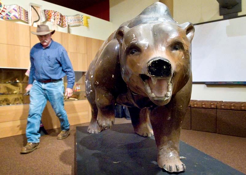 BEAR WRANGLER – Heritage sites manager Merlin Rosser helps install the recently re-discovered Bruin Inn bear at the Musée Héritage Museum on Thursday.