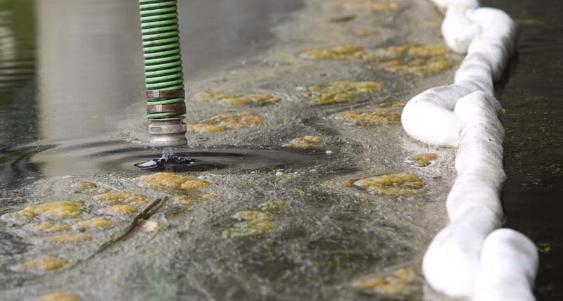 NON-HAZARDOUS – Testing reveals that this substance on the Sturgeon River is likely a refined hydrocarbon such as gasoline or engine oil. Concentrations were below