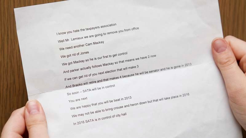 TOO FAR? – Outgoing Coun. Roger Lemieux received this bizarre letter claiming the St. Albert Taxpayers Association is poised to take control of the city.