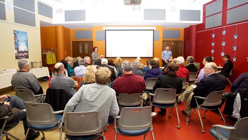 LIBRARY MEETING – A gathering comprised mostly of city council candidates meets to hear options for the expansion of the library of the St. Albert Public Library on Monday