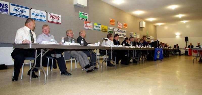 BIG DEBATE – A shot of the 20 potential Sturgeon County council candidates that came to Cardiff Community Hall Wednesday for an all-candidate&#8217;s debate hosted by the St. 