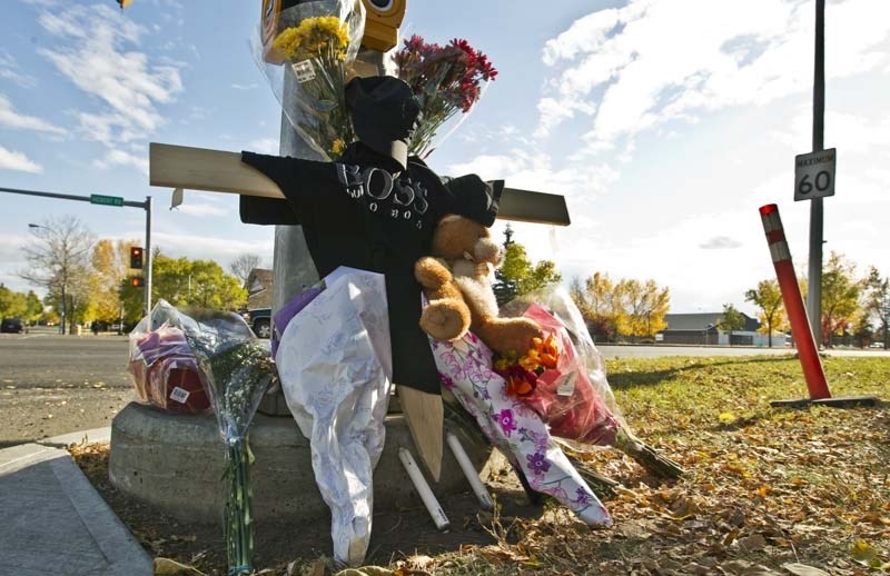 IN MEMORY – A memorial marks the intersection where an Edmonton man was killed in St. Albert last Wednesday.