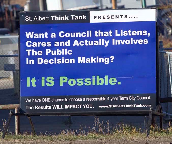 SENDING A MESSAGE – Advertisements by the St. Albert Think Tank are one of a few citizen-driven initiatives that have drawn attention during the municipal election campaign.