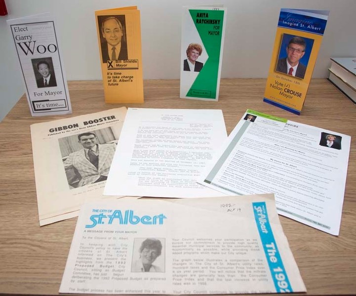 HISTORICAL DOCUMENTS – A selection of St. Albert election brochures dating back to 1971. The collection is owned by resident Margaret Plain.