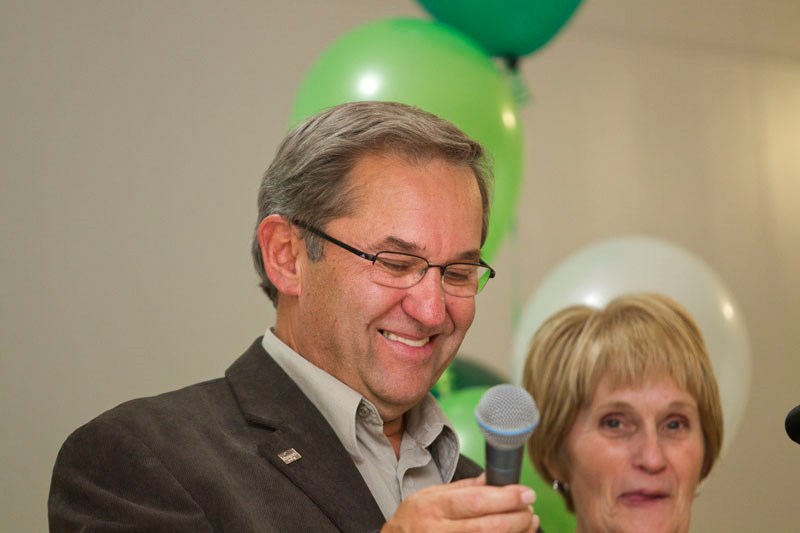 Sturgeon County Mayor-elect Tom Flynn reacts when he learns he won the election Oct. 21 at his Cardiff headquarters.