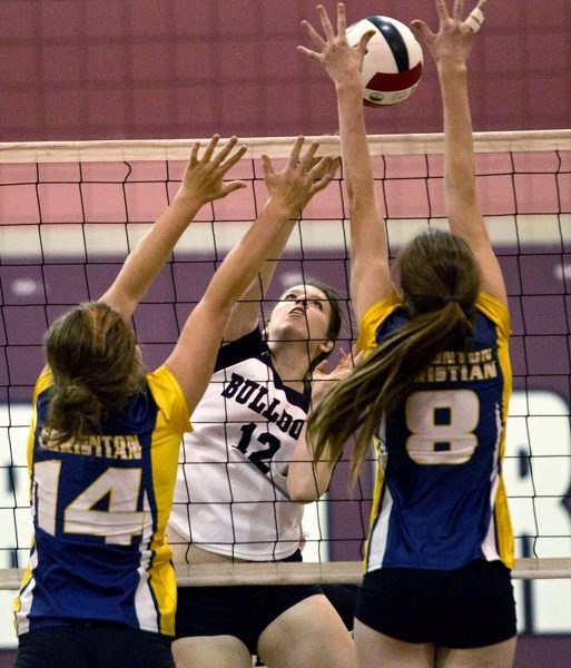 POWER PLAY &#8211; Taylor Anderson of the Bellerose Bulldogs drills the ball against the Edmonton Christian Lions in Tuesday&#8217;s metro Edmonton division two match. With