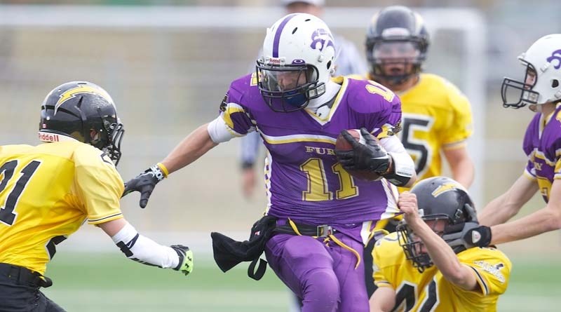 FURY FLASH &#8211; Colton Meronyk of the St. Albert Fury rips through the Edmonton Chargers in the Capital District Minor Football Association. Sunday at 2:30 p.m. the Fury