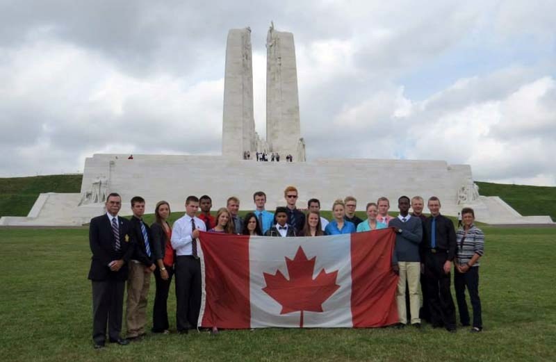 VIMY RIDGE – Canadian cadets belonging to the Maple Leaf Exchange take time for a photo in front of the monument at Vimy Ridge in France. Nick Cusack is in the back row