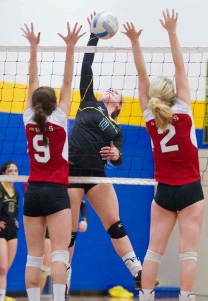 SHOT MAKER &#8211; Jessica Baird of the St. Albert Skyhawks spikes the ball against a pair of Jasper Place Rebels in Wednesday&#8217;s metro Edmonton division one