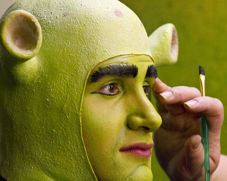 GOING OGRE – Actor Steven Angove is transformed into the character Shrek during a run-through at the Arden Theatre