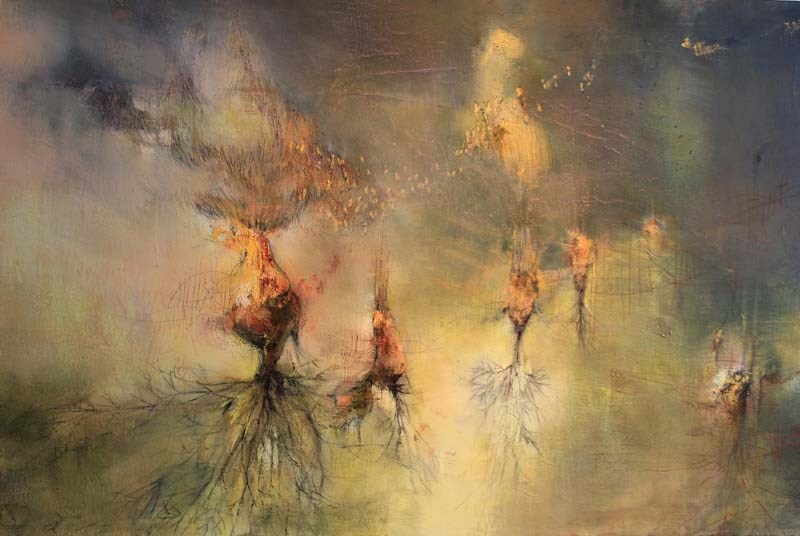 ROOTS AND SHOOTS &#8211; Jennifer Poburan&#8217;s exhibit Salt &amp; Light features many works with abstract roots seemingly floating in mid-air.