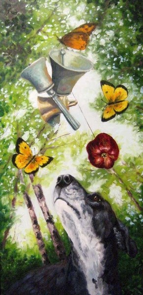 DOGS &#8216;N FRUIT – The works comprising Father Douglas&#8217; new exhibit feature dogs and fruit in a display of a kind of absurdist existentialism.