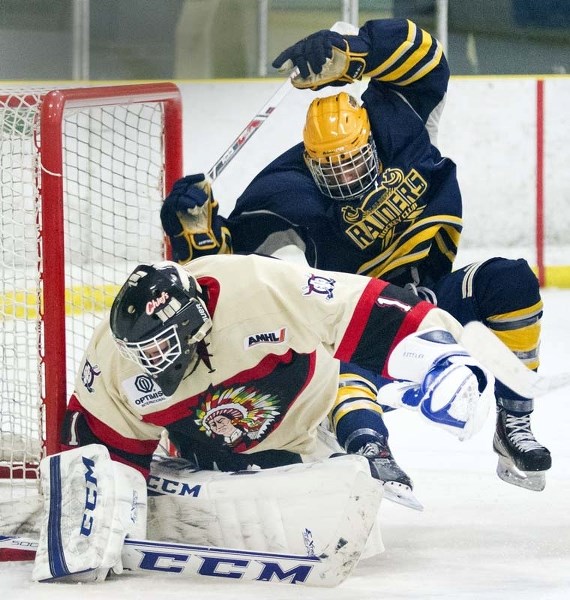 SLIPPERY SPILL &#8211; Ethan Lazaro of the St. Albert Raiders takes a tumble as Red Deer Chiefs&#8217; goalie Jayden Sittler searches for the puck in Saturday&#8217;s midget