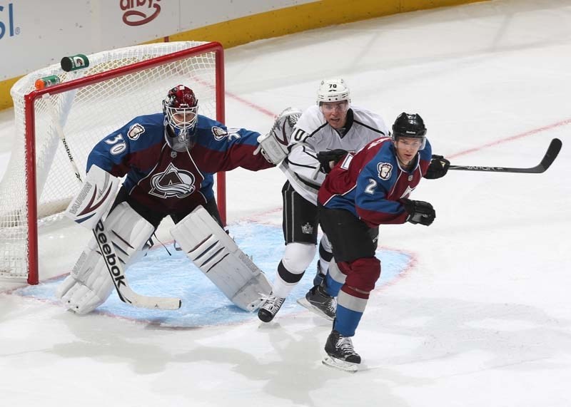 BIG D IN DENVER &#8211; Colorado Avalanche defenceman Nick Holden of St. Albert keeps close tabs on Tanner Pearson of the Los Angeles Kings during a Sept. 20 exhibition game