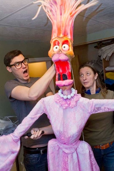 ODD-LOT PUPPETS – Brendan Boyd and Lisa Ruelling of Odd-Lot Puppetry show off their screaming banshee puppet at their workshop in Ruelling&#8217;s basement.