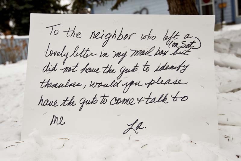 RESPONSE – Laura Anderson posted a response in her yard to an anonymous letter left for her (and others in the area) about not shovelling her walk.