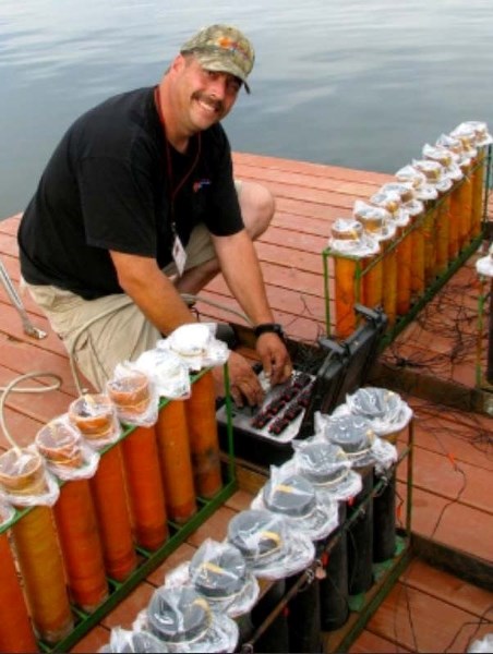 HANDS ON – Rob Kowalyshyn doing one of the things he loves best; setting up fireworks for a big show.