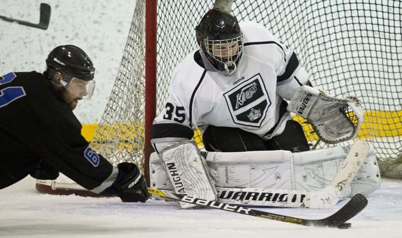 KING OF THE NET &#8211; Jordan Panasiuk of the Morinville Kings is locked in to stop Mark Galavan of the Drayton Valley Wildcats in Sunday&#8217;s senior AA game at Ray