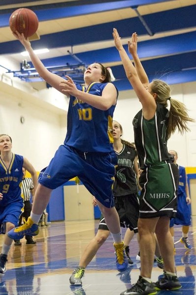 SKYWALKER &#8211; Jessa Ivicak hoops it up for the St. Albert Skyhawks against the Medicine Hat Kwahommies in Thursday&#8217;s game at the Skyhawks Invitational Tournament.