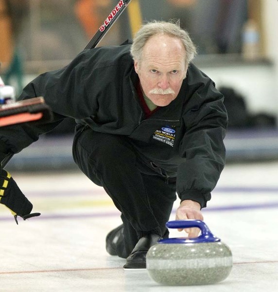 ROCK SOLID &#8211; Doug de Bruijn lines up a delivery for the Len Sterling rink of St. Albert at the Northern Alberta Curling Association&#8217;s masters 60-plus playdowns