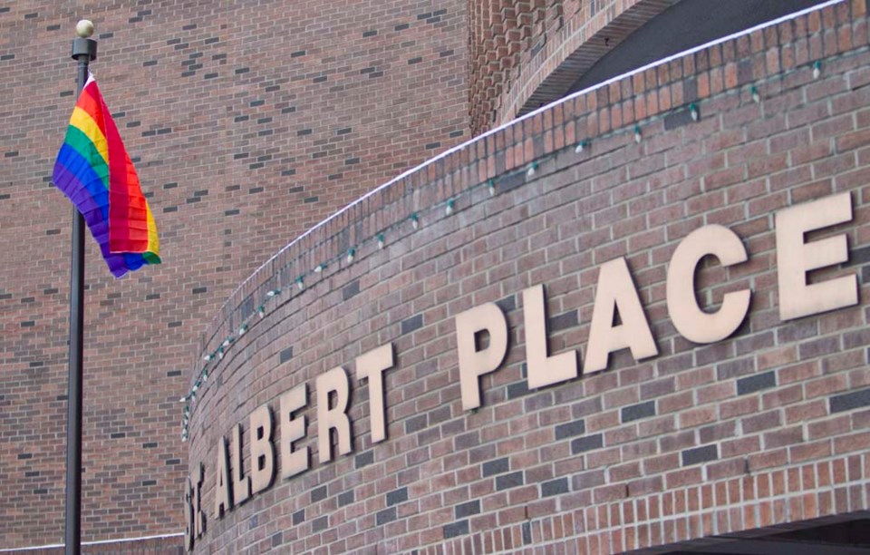 A pride flag was raised in support of the LGBT community at St. Albert Place Friday afternoon as the Olympics get underway in Russia.