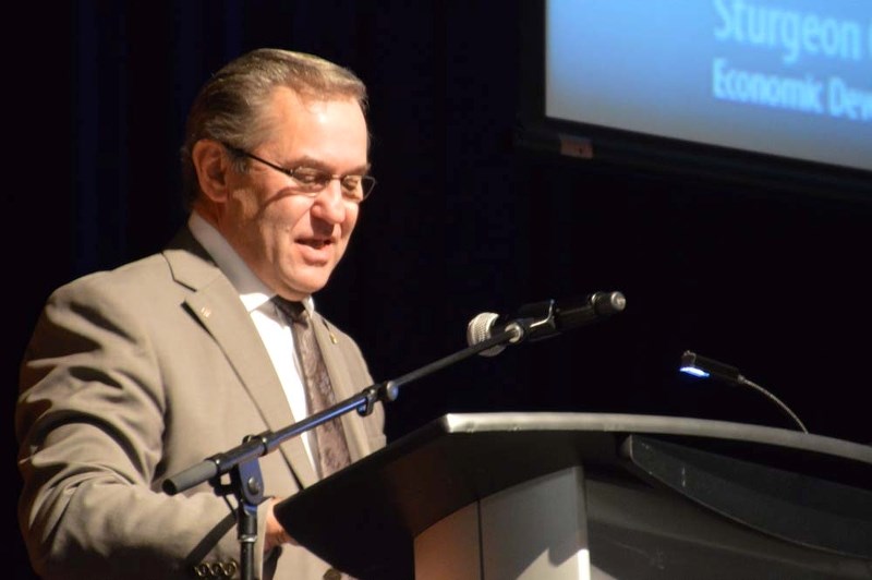 TALKING DEVELOPMENT – Sturgeon County Mayor Tom Flynn speaks Friday at the economic development breakfast.