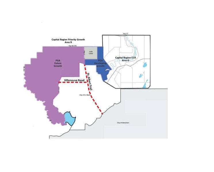 ZONES – Shaded areas above are primary growth areas in Sturgeon County&#8217;s MDP. If the MDP is approved