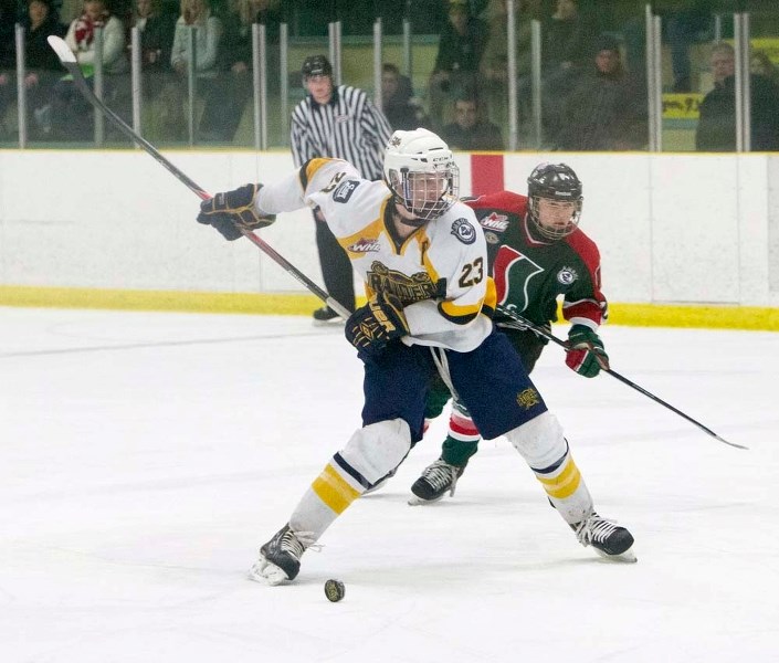 GRIP AND RIP &#8211; Jack Langenhahn of the St. Albert Sabres winds up for a slapper against the SSAC Southgate Lions in Thursday&#8217;s playoff match in the Alberta Major