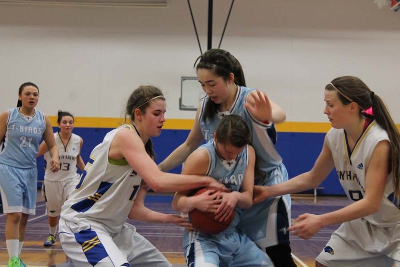 BALL HAWKS &#8211; Marinya Marcichiw (left) and Kayla Ivicak of the St. Albert Skyhawks pressure the Ross Sheppard Thunderbirds for the ball in Wednesday&#8217;s 85-33
