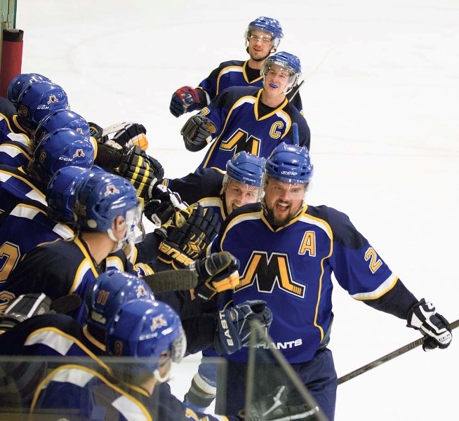 GOAL GETTERS &#8211; St. Albert Merchants assistant captain Taylor Wiebe celebrates the first of his two goals against the Beverly Warriors in Friday&#8217;s playoff opener