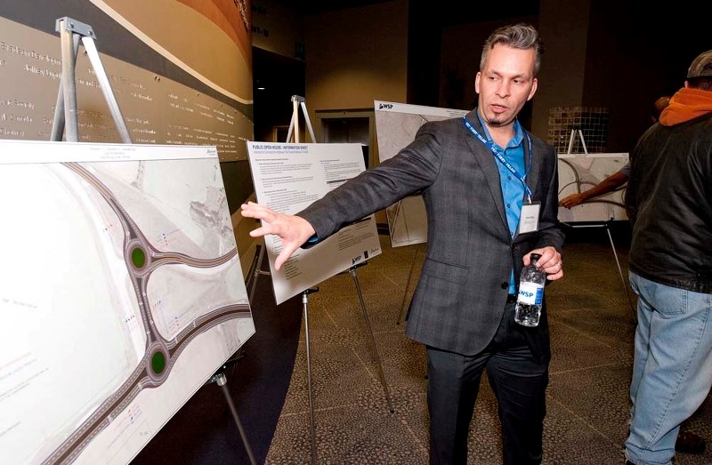 ROUNDABOUT ANSWER? – Alberta Transportation construction manager Michal Pylko explains to residents a proposal to fix traffic jams at the intersections of highways 37