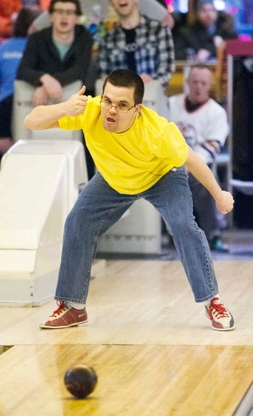 THUMBS UP – Charlie Weinzierl likes what he sees after rolling the ball during Saturday&#8217;s session at the St. Albert Bowling &amp; Rec Centre. Weinzierl is among 34