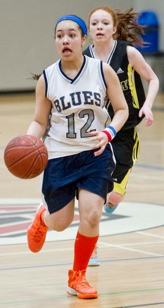 ATTACKING &#8211; Dacia Lopez dribbles the ball for the Paul Kane Blues in Saturday&#8217;s metro Edmonton division two junior final against the Archbishop Jordan Scots at