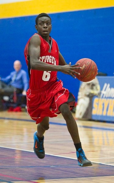 ZONING IN &#8211; Eldosh Singo of the Sturgeon Spirits dashes to the hoop against the St. Albert Skyhawks in Thursday&#8217;s A final in the 3A Edmonton zone elimination