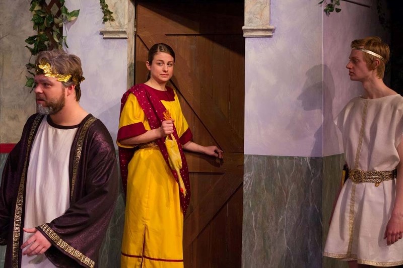 ROMAN COMEDY – A Funny Thing Happened on the Way to the Forum is comedy set in ancient Rome. The actors pictured are Kelsey Visscher as Hysteria