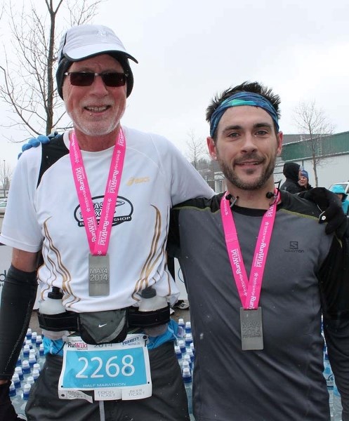 PODIUM FINISHERS &#8211; Sean Seville (right) of St. Albert finished ahead of runner-up Andrew Lawson in the fourth annual Leading Edge RunWild half-marathon Sunday morning.