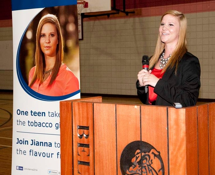 TOBACCO CRUSADER – Jianna Marin speaks to about 80 Bellerose Composite High students Friday about her efforts to get flavoured tobacco banned in Alberta. Marin