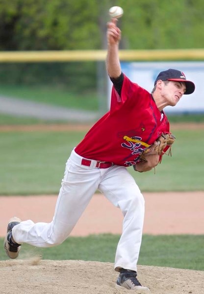 FIREBALLER &#8211; McLean Cruthers delivers a pitch for the St. Albert Junior Cardinals at the first annual Rainmaker Rodeo Invitational Tournament last weekend at Legion