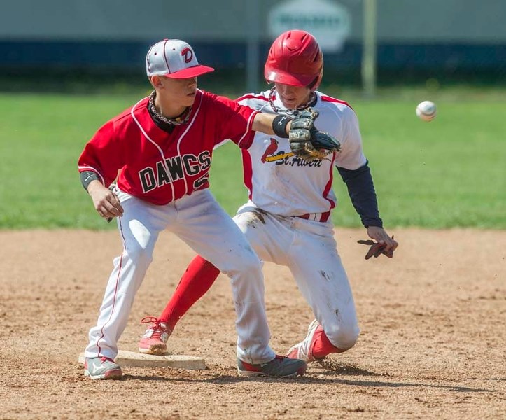 SAFE AT SECOND &#8211; Zach Froment of the bantam AAA St. Albert Cardinals arrives ahead of the throw to second base against Okotoks Dawgs Red in Sunday&#8217;s 11-1 win at